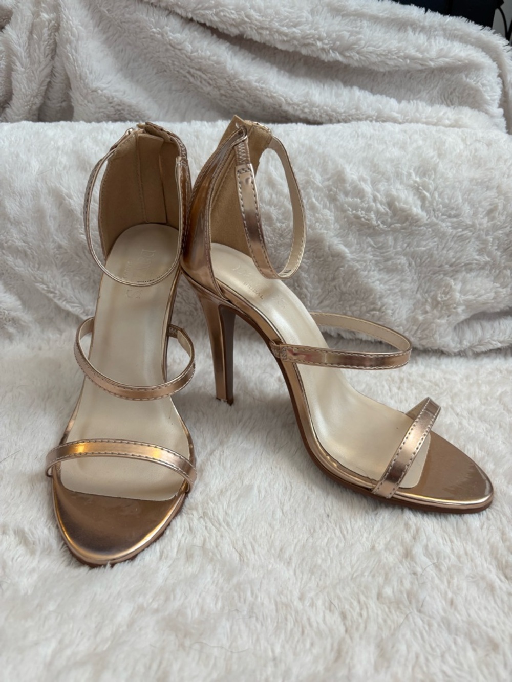 NWOT David’s Bridal Metallic Rose Gold Strappy High Heel Sandals